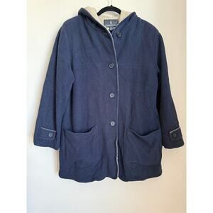 London Fog Vintage Y2K Navy Blue Wool Hooded Coat Button Front Size 14 Lagenlook